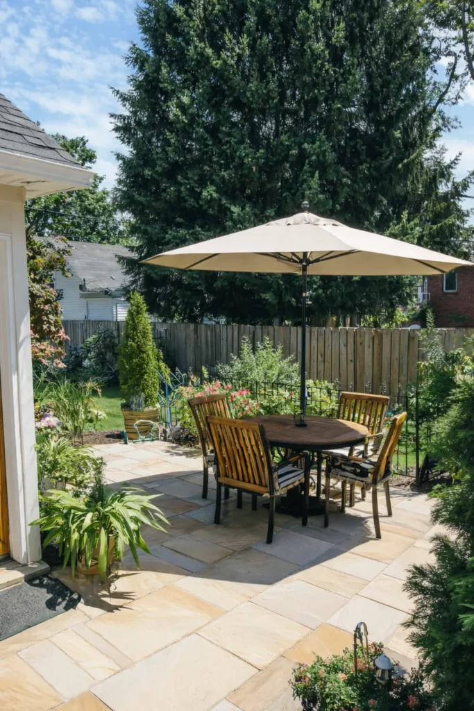 small table and four chairs outdoors with an umbrella