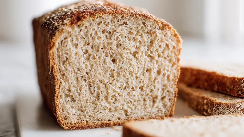 Sliced gluten-free sourdough loaf with a tight crumb on a white plate on white marble.