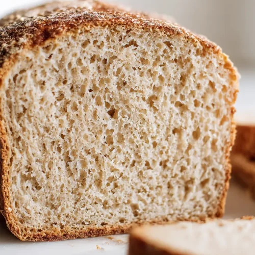 Sliced gluten-free sourdough loaf with a tight crumb on a white plate on white marble.