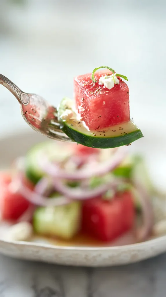 Fork lifting a bite of watermelon cucumber salad with a watermelon cube, cucumber half moon, feta crumbles, mint, and sumac above a white plate on a marble counter.