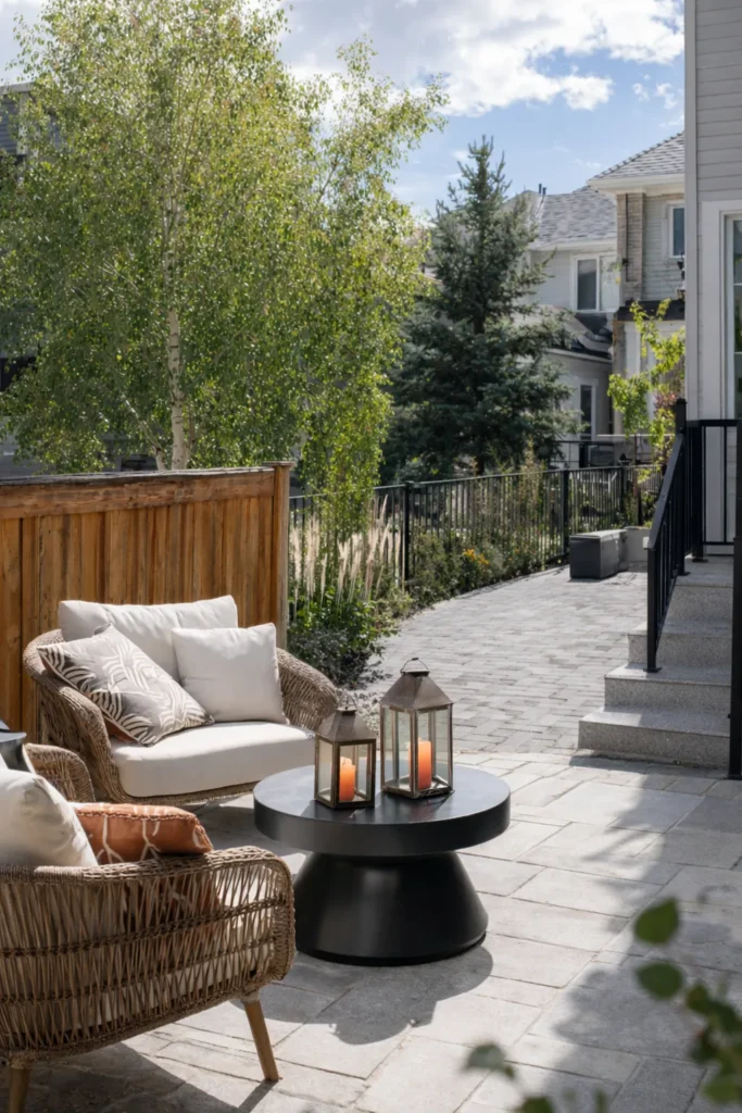 outdoor area with 2 chairs and a table in the corner