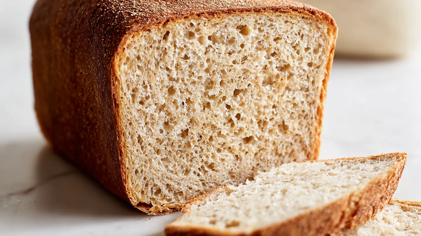 Gluten-free sourdough sandwich loaf on a white plate on a white marble kitchen counter.