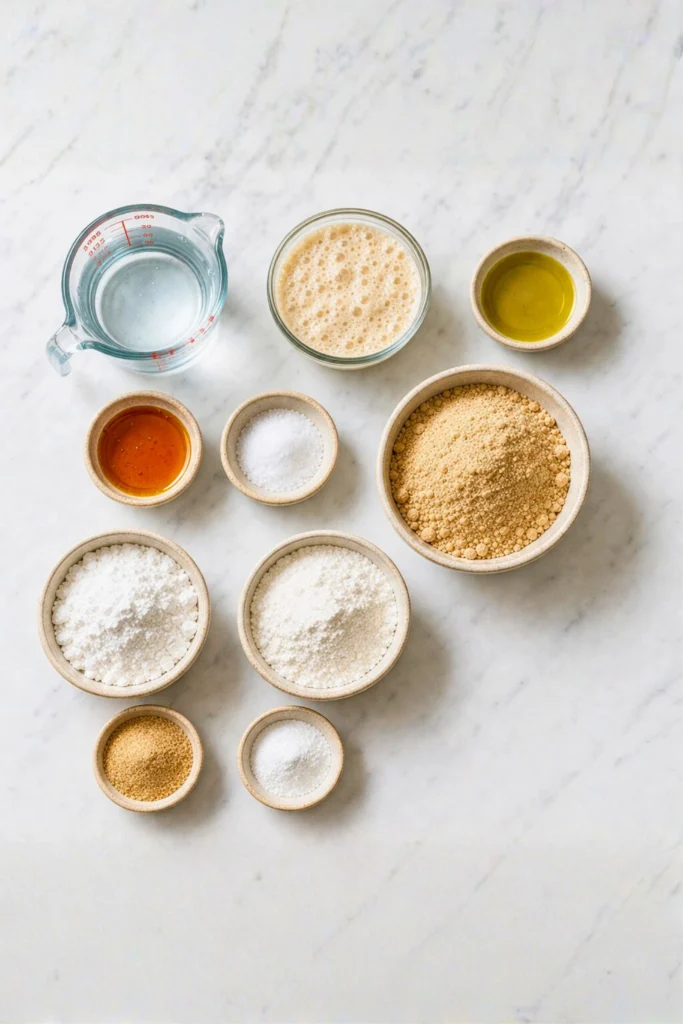 Overhead view of gluten-free sourdough ingredients in small bowls on a white marble countertop.