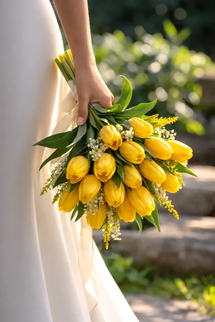yellow tulip wedding bouquet being held by a bride