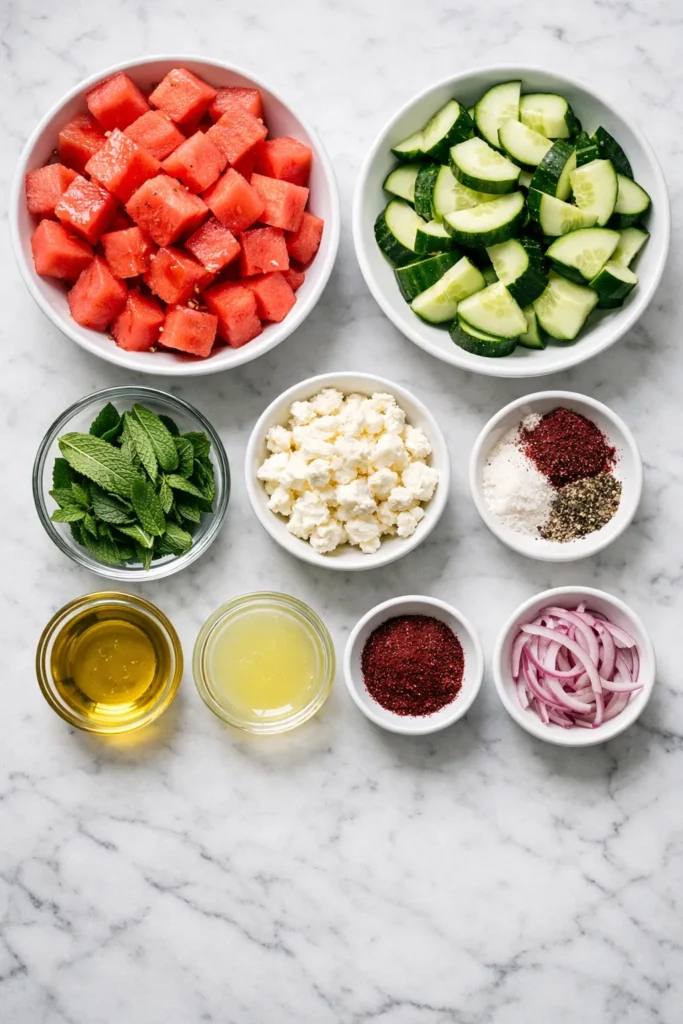 Overhead view of watermelon cucumber salad ingredients in small bowls on a white marble kitchen counter.