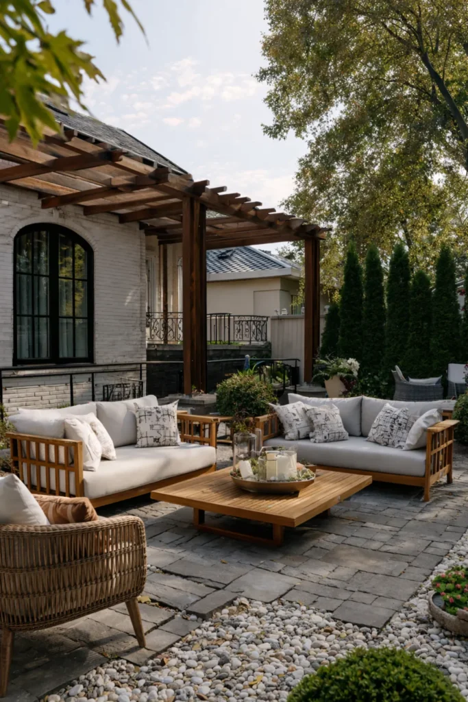 patio in the back of a house with seating and a table