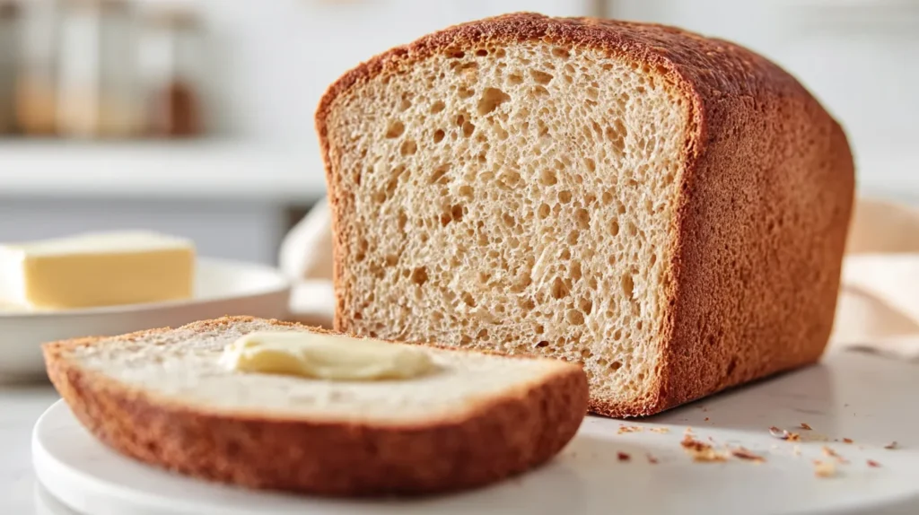 Close-up of melted butter soaking into a slice of gluten-free sourdough bread on a white plate.