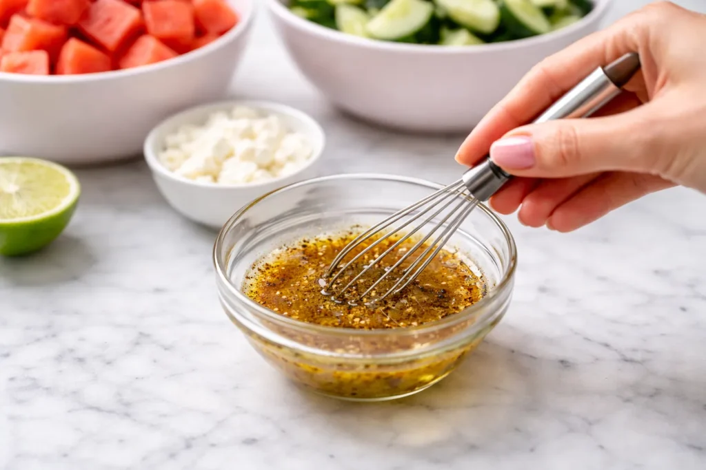 Female hand with pink manicure whisking olive oil, lime juice, sumac, salt, and pepper in a small glass cup on a white marble counter.