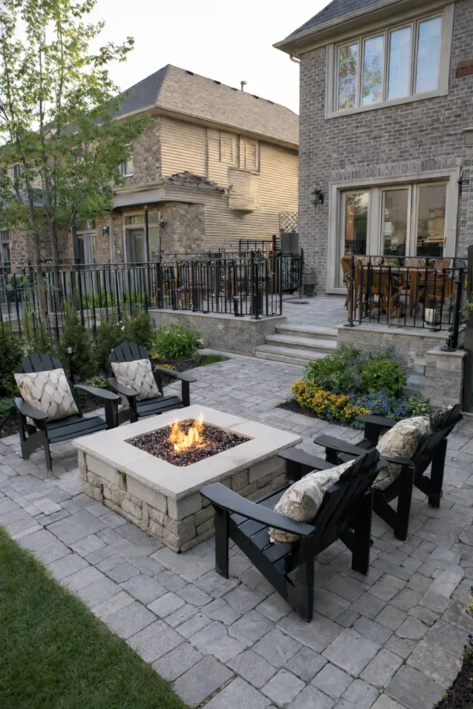 four chairs and a fire table in the backyard on a stone patio