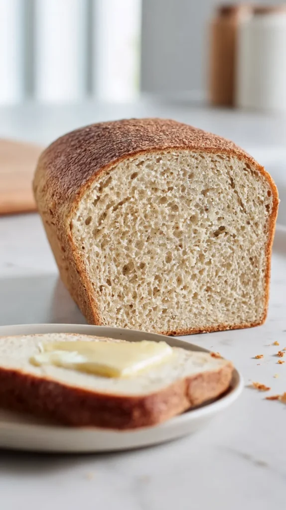 Gluten-free sourdough sandwich loaf on a white plate with a buttered slice on a white marble counter.