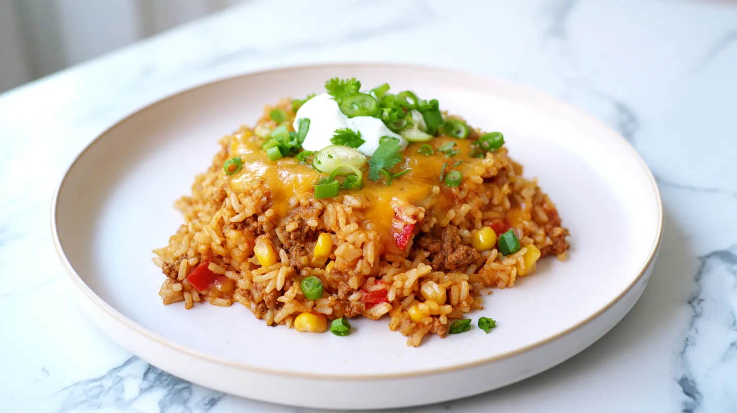 Plated serving of cheesy taco rice with ground beef, corn, melted cheese, sour cream, and green onions on a white marble countertop.