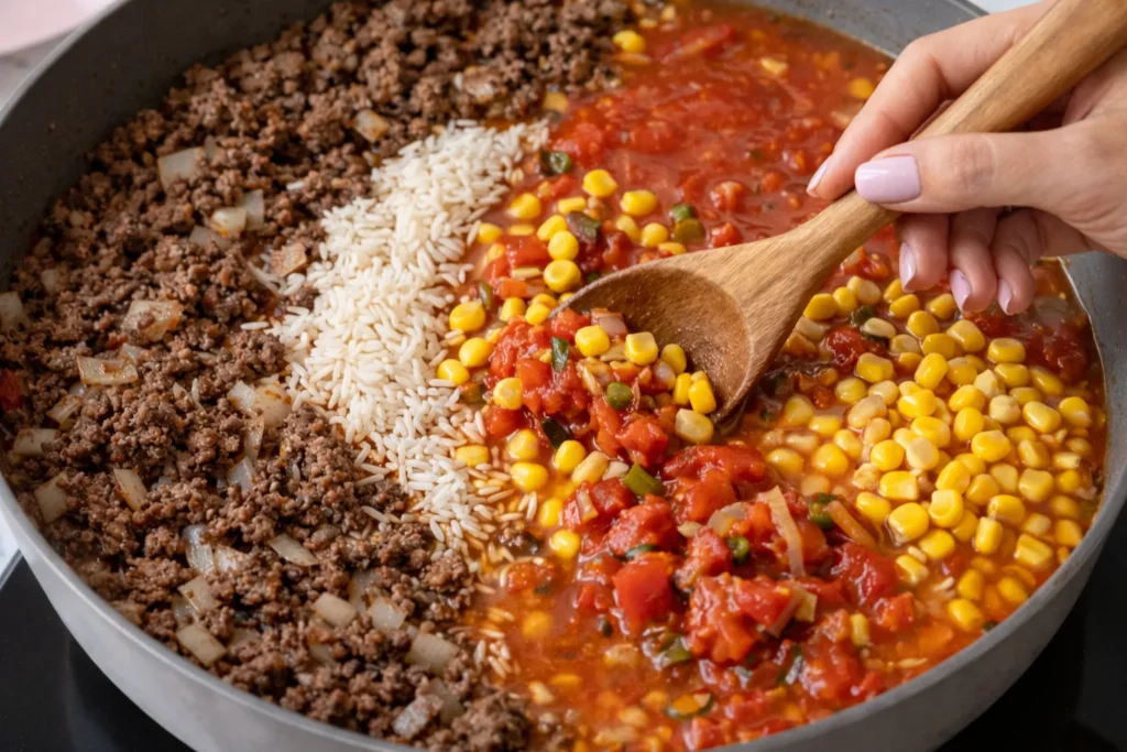 Close-up process shot of cheesy taco rice in a skillet with browned ground beef, diced onion, uncooked white rice, corn, diced tomatoes, and broth being stirred with a wooden spoon by a hand with a pink manicure.