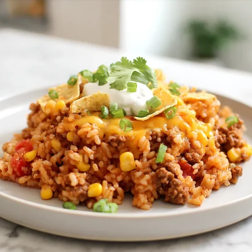 White plate of cheesy taco rice topped with sour cream, green onions, and tortilla chip pieces on a white marble kitchen counter.