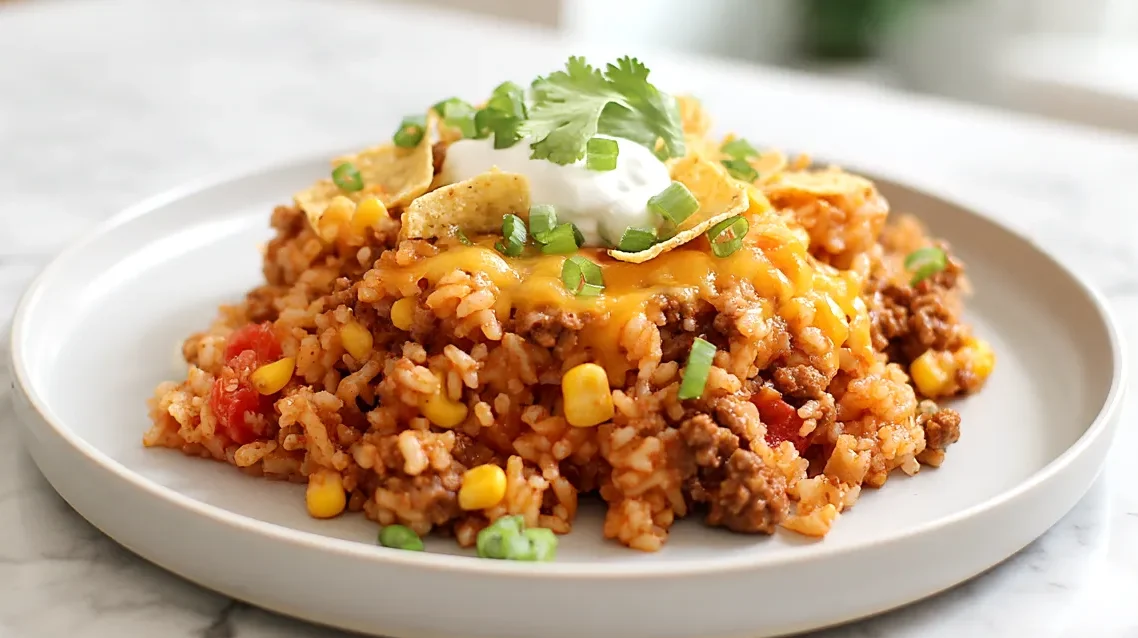 White plate of cheesy taco rice topped with sour cream, green onions, and tortilla chip pieces on a white marble kitchen counter.