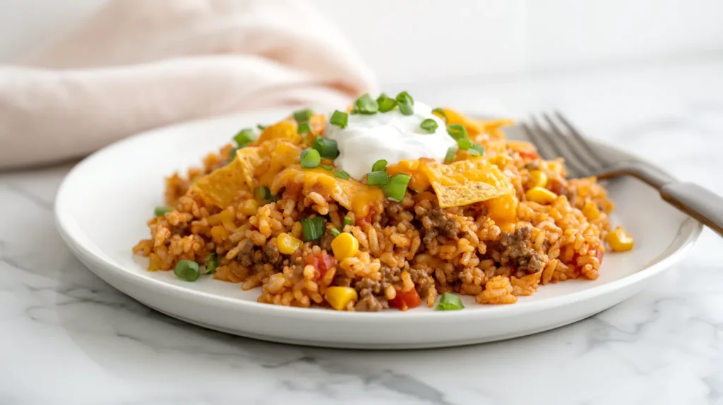 Cheesy taco rice served on a white plate with seasoned beef, fluffy rice, corn, melted cheese, and fresh toppings in a bright kitchen.