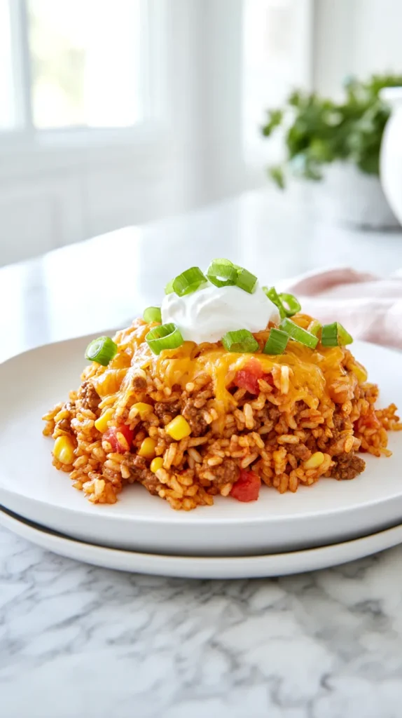 Close view of cheesy taco rice with ground beef, rice, corn, tomatoes, melted cheese, and sour cream on a white plate.