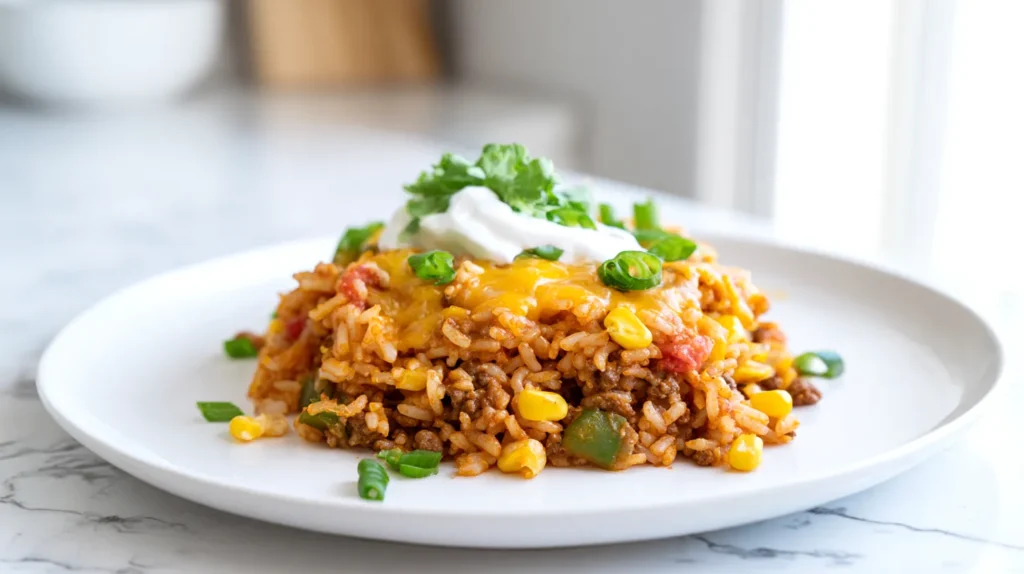 Close view of cheesy taco rice with ground beef, rice, corn, tomatoes, melted cheese, and sour cream on a white plate.