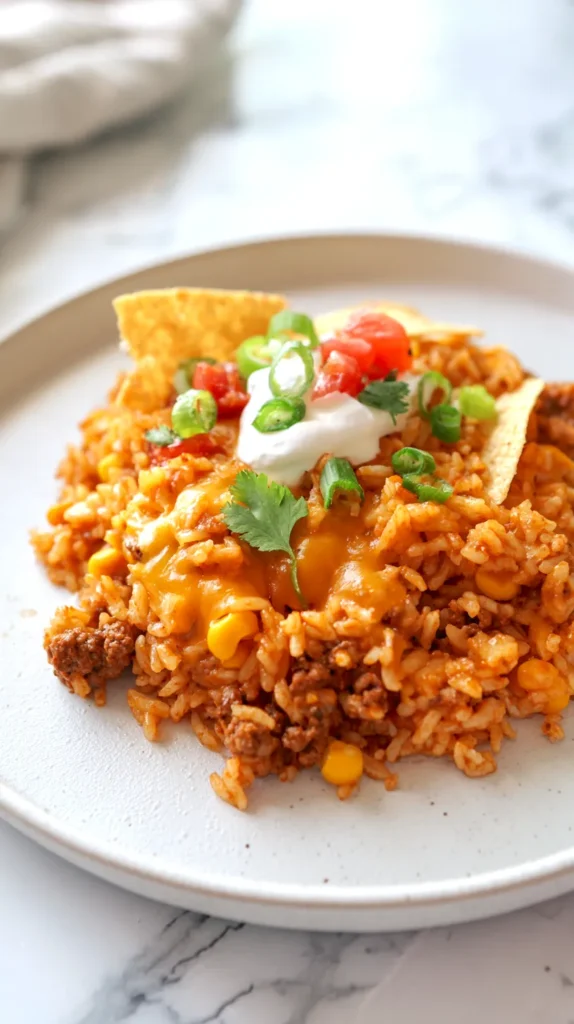 Finished cheesy taco rice on a white ceramic plate topped with sour cream and green onions on a white marble counter.