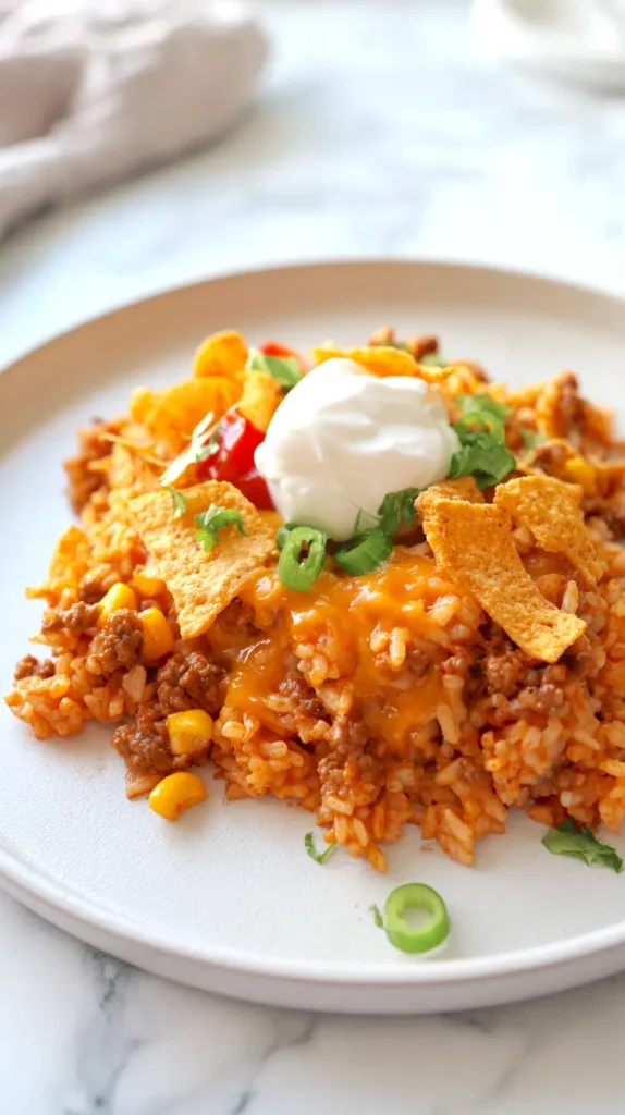 slight overhead view cheesy taco rice with ground beef, rice, corn, tomatoes, melted cheese, and sour cream on a white plate.
