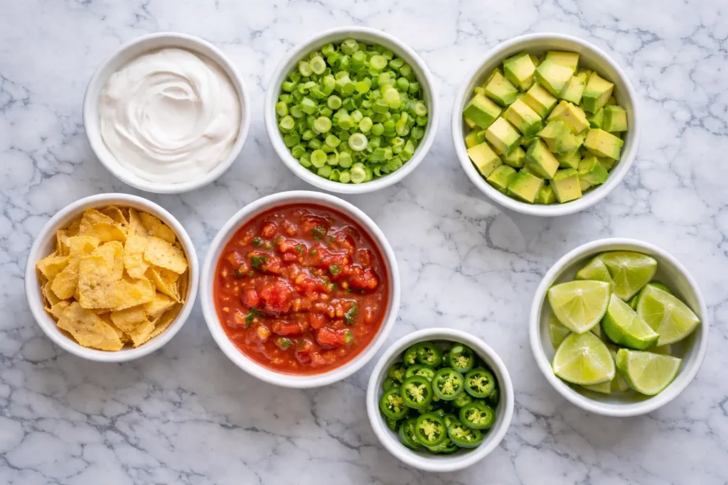 Overhead view of taco rice toppings in white bowls on a white marble counter, including sour cream, sliced green onions, diced avocado, crushed tortilla chips, jalapeño slices, salsa, and lime wedges.