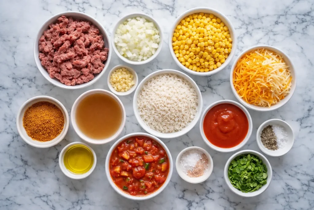 Overhead view of cheesy taco rice ingredients in white bowls on a white marble counter, including ground beef, diced onion, garlic, rice, broth, tomatoes, tomato sauce, corn, shredded cheese, taco seasoning, salt, pepper, oil, and cilantro.