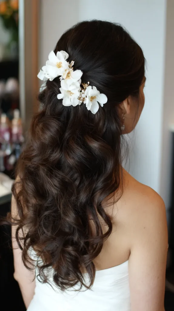 long dark hair, white flowers, bride