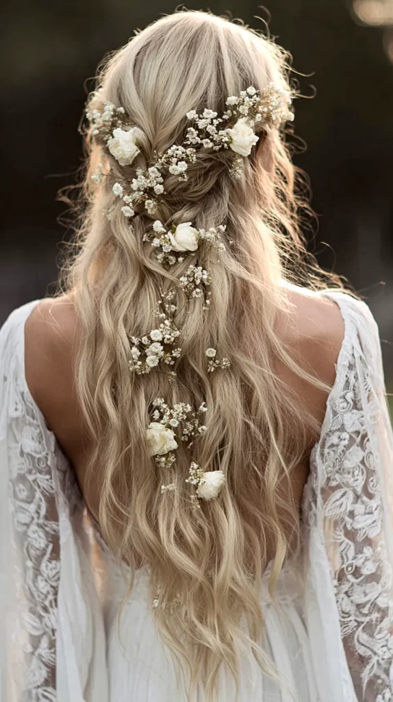 long boho style, bride, lace dress, wavy hair, flowers cascading her hair