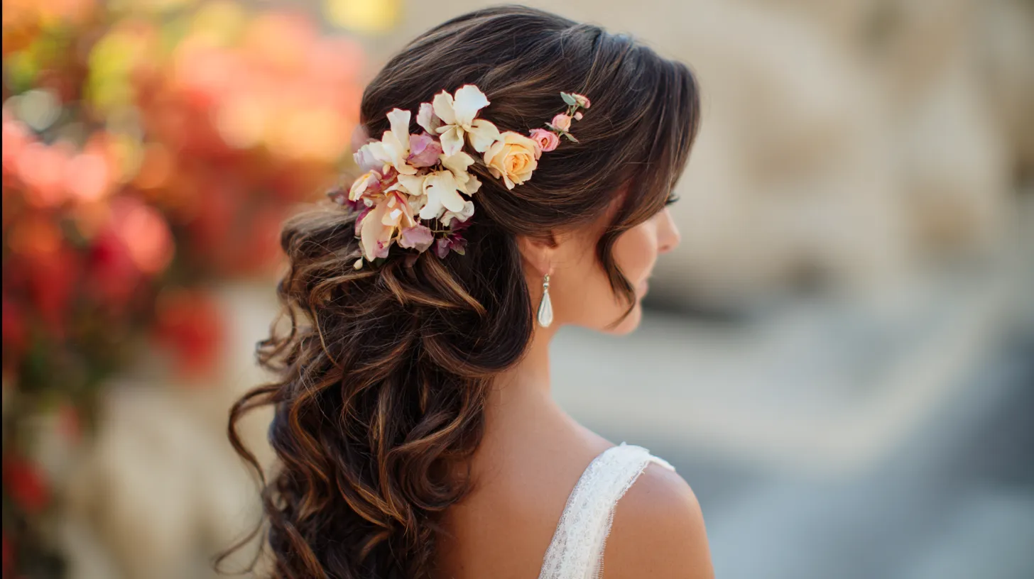 A photorealistic bridal hero image showing the back and slight side angle of a woman with floral wedding hair, soft low bun with loose romantic texture, a few face-framing tendrils, small ivory spray roses, blush ranunculus, and baby’s breath tucked into the hairstyle, flowers scaled naturally and placed with restraint, elegant but budget-friendly styling, white wedding dress visible at the shoulders