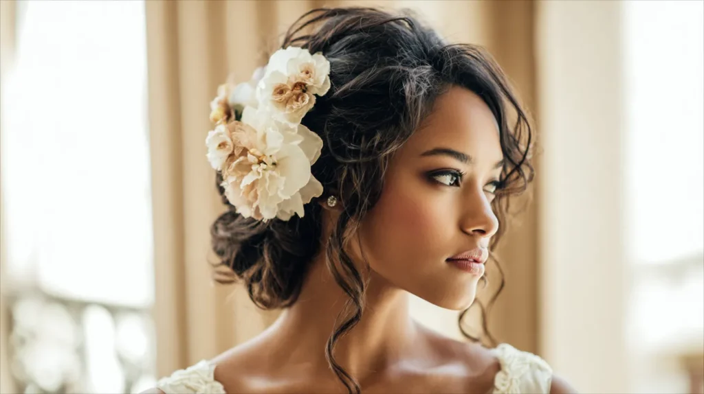 woman with flowers on the side of her up-do