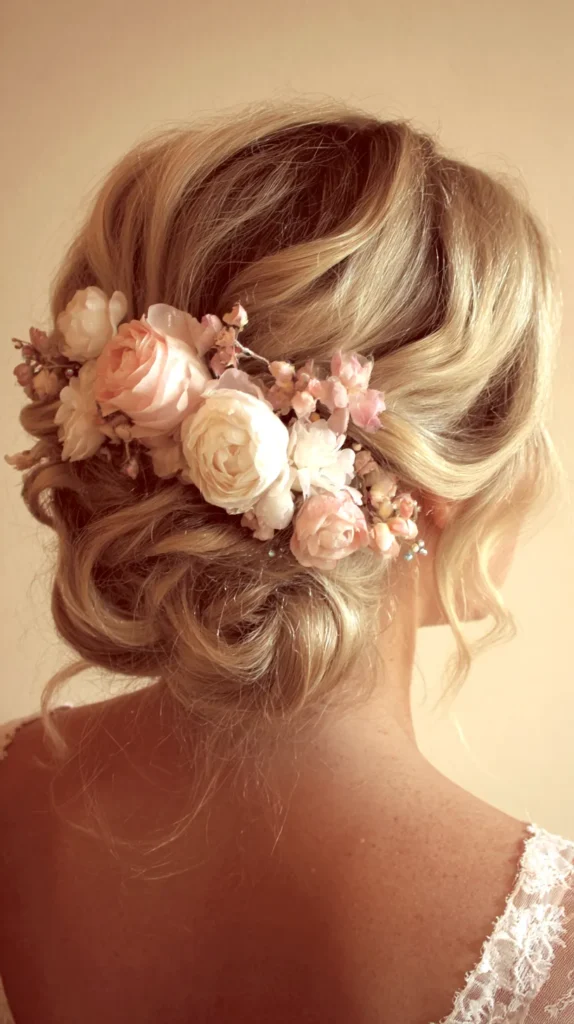 low bun, flowers in her hair