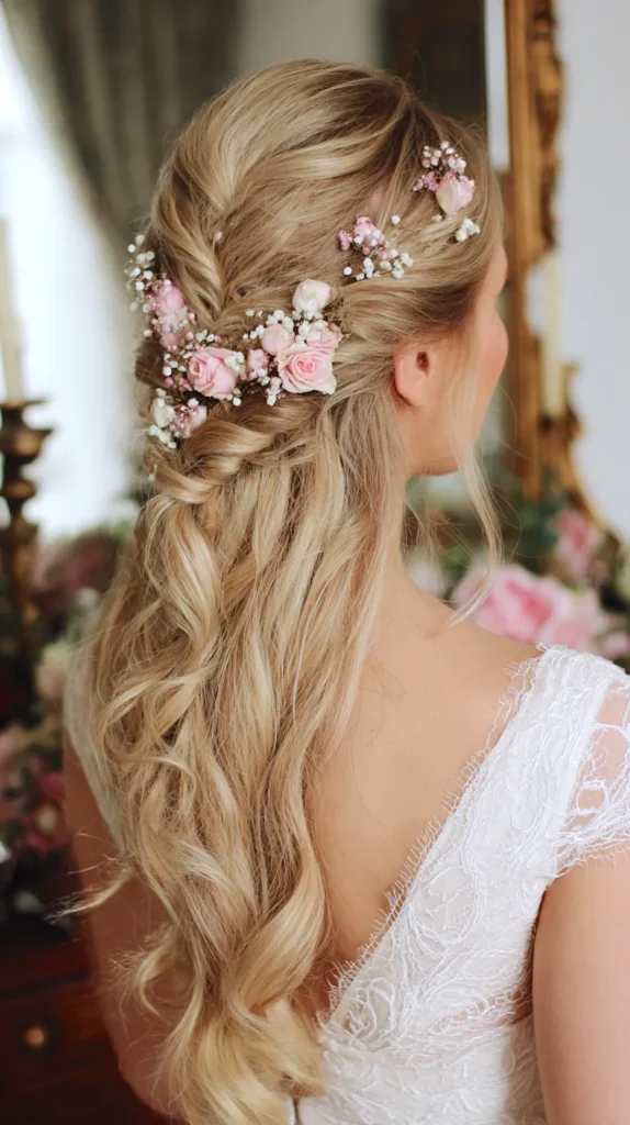 floral wedding hair, bride with white dress, flowers in her hair