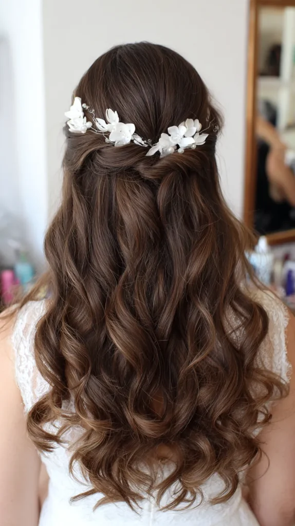 dark hair with white flowers