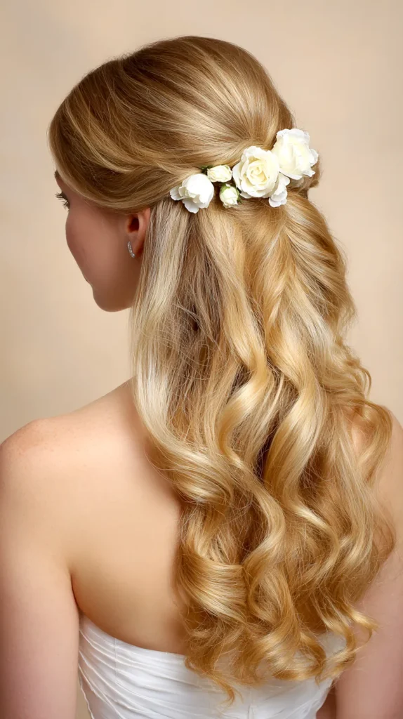 white flowers across the back of the brides hair
