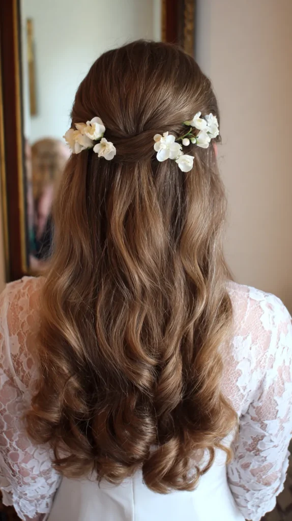 floral hair, bride, style, waves