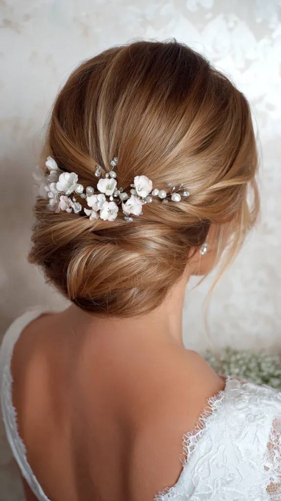 bride with a low bun and white flowers