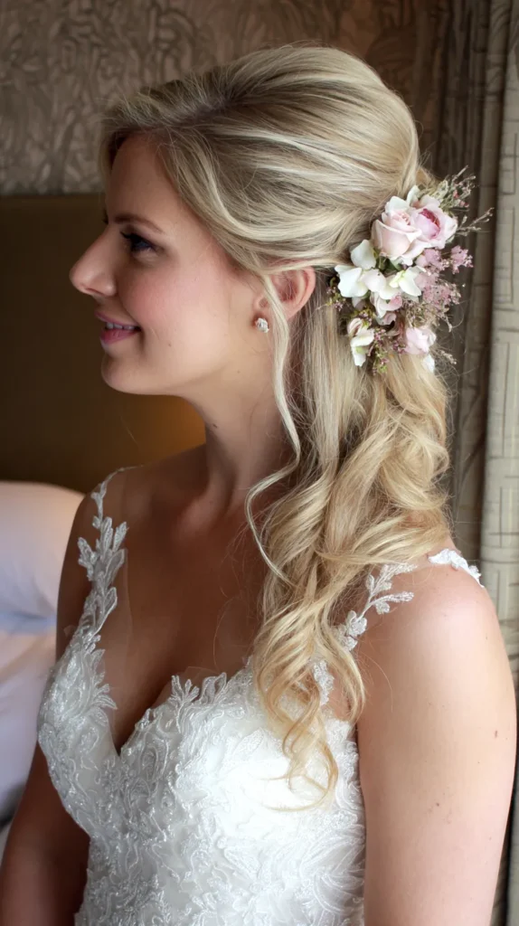 wedding, bridal, floral hairstyle