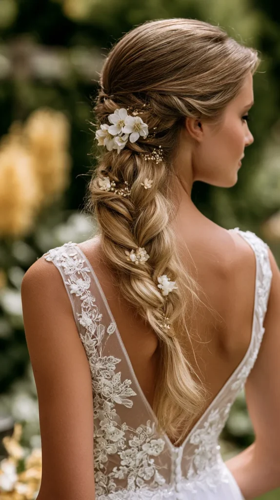 real photo of a bride in a wedding dress in the garden, semi-close-up of her back, of her neat long floral wedding hairstyle, no text