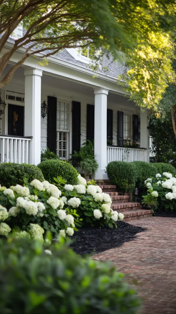 front yard landscaping around a traditional front porch, soft green hydrangea shrubs, white impatiens tucked along the edge, curved bed lines, fresh black mulch, clipped round boxwoods near porch steps, brick walkway, warm summer light, classic polished curb appeal, realistic garden photography, slightly dreamy but natural, no people, no cars, no text, no watermark