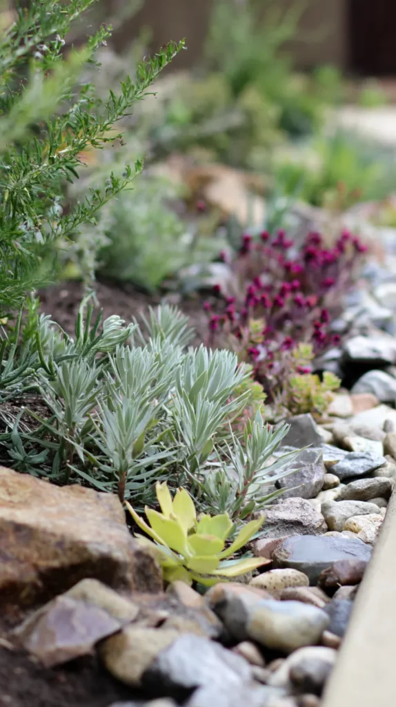 close-up on front yard landscaping, focus is on the landscaping, drought-tolerant succulent garden