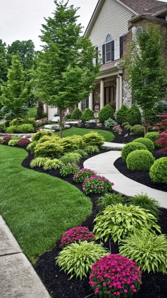 front yard landscaping , lush plants and trees