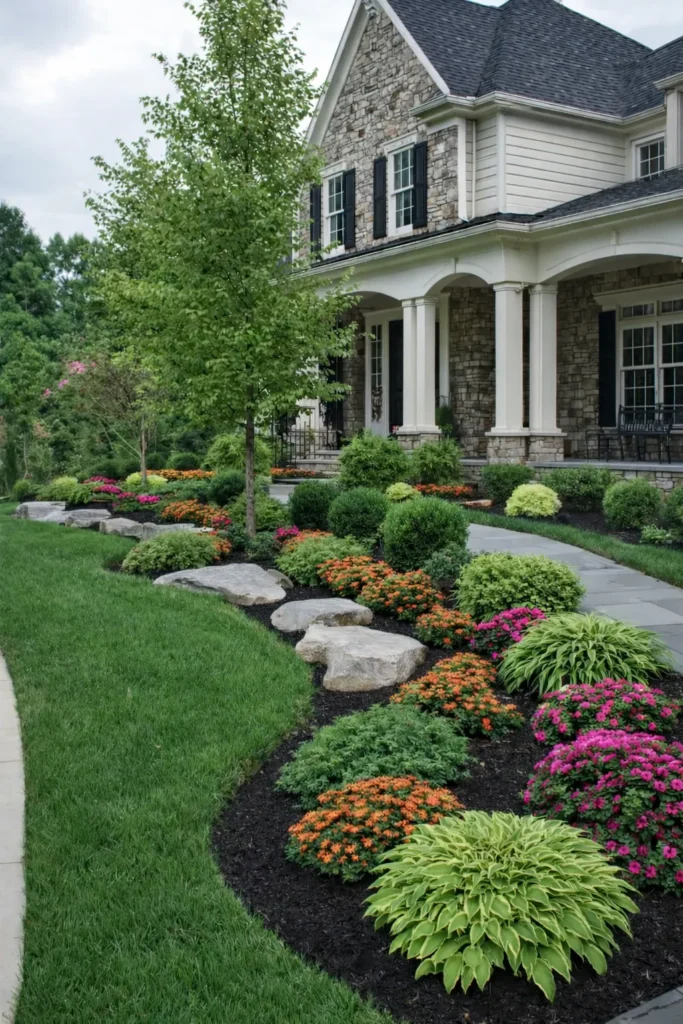 front yard landscaping, plants, flowers, stones