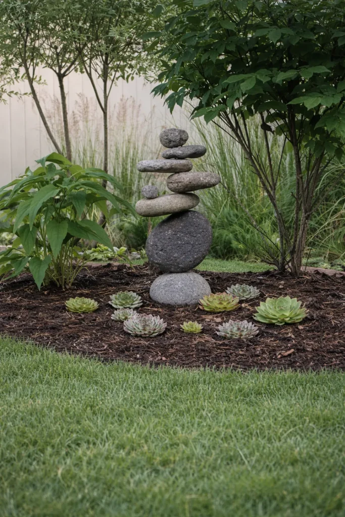beautiful front yard landscaping featuring a natural 8-stone cairn garden statue made of smooth, uneven gray balancing rocks like the reference image, organic handmade stacked stone look, placed in a mulch bed among shrubs, realistic residential landscaping