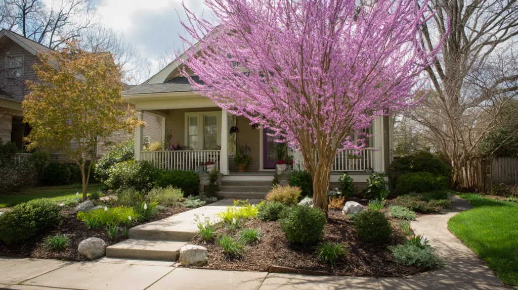 small front yard landscaping centered around one blooming eastern redbud tree, wide circular mulch bed, purple creeping phlox spilling at the edge, neat dwarf boxwoods, soft ornamental grasses, simple white house, tidy front walk, airy spring light, realistic exterior photography, polished but affordable design, no people, no cars, no text, no watermark