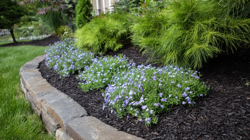 close view of front yard landscaping with lush ground cover, creeping phlox, liriope, and blue star juniper filling curved beds, dark mulch, stone edging, layered texture, healthy plants, tidy and budget-friendly design, realistic garden photography, soft natural daylight, rich green tones, no people, no text, no watermark