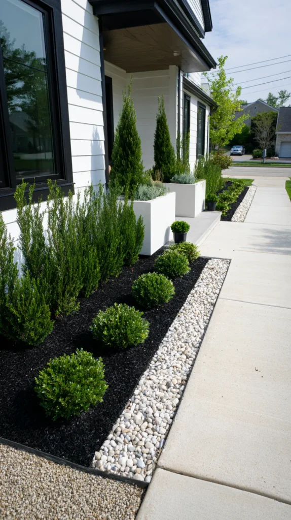 front yard landscaping for a narrow suburban entry, repeated sky pencil holly for vertical shape, dark green liriope border, white gravel accent strip, black mulch, simple concrete path, modern white planters by the front door, crisp clean lines, realistic exterior photography, elegant small-space curb appeal, no people, no cars, no text, no watermark