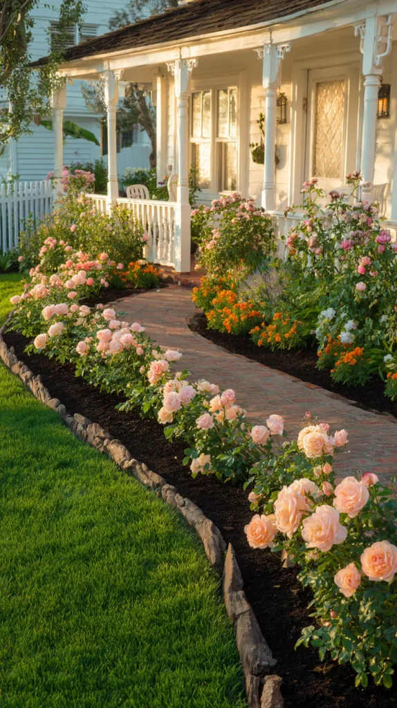 front yard landscaping with a long curved flower bed bordering a brick walkway, blush pink drift roses, orange marigolds, pale peach roses, white garden edging stones, fresh dark soil, trimmed green lawn, charming white porch, soft golden evening light, romantic cottage curb appeal, realistic garden photography, shallow depth of field, no people, no cars, no text, no watermark