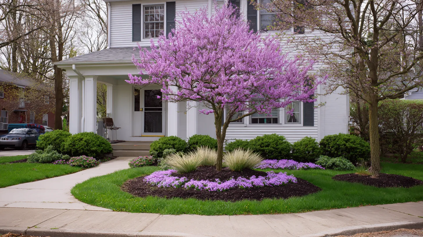 small front yard landscaping centered around one blooming eastern redbud tree, wide circular mulch bed, purple creeping phlox spilling at the edge, neat dwarf boxwoods, soft ornamental grasses, simple white house, tidy front walk, airy spring light, realistic exterior photography, polished but affordable design, no people, no cars, no text, no watermark