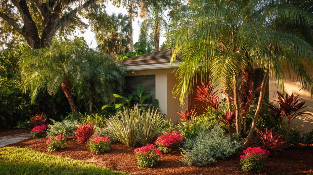 warm climate front yard landscaping for a Florida-style home, coontie, dwarf ixora, pentas, society garlic, one Little Gem magnolia, clean bed lines, fresh mulch, tropical but controlled planting style, realistic exterior photography