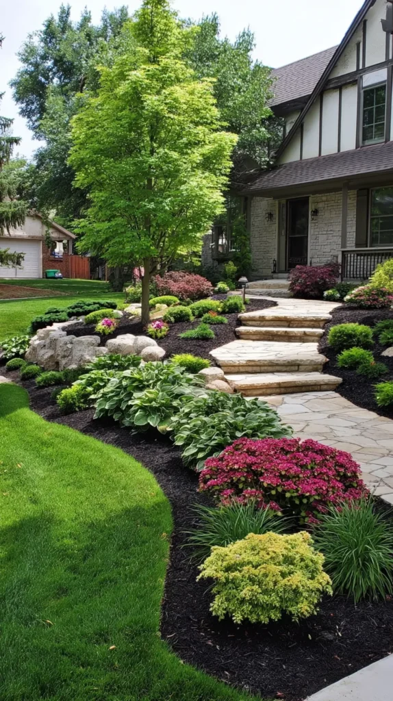 front yard landscaping with plants and trees and mulch