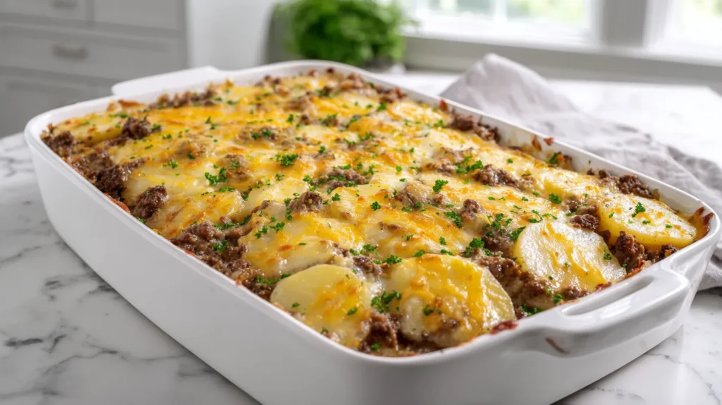 Freshly baked hamburger potato casserole in a white 9x13 casserole dish on a white marble counter, with layers of sliced potatoes, seasoned ground beef, creamy sauce, melted cheddar cheese, and parsley on top.